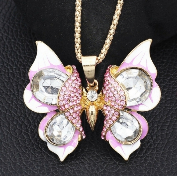 NWT- Pink Butterfly with Crystals Pendant Necklace - Picture 2 of 5